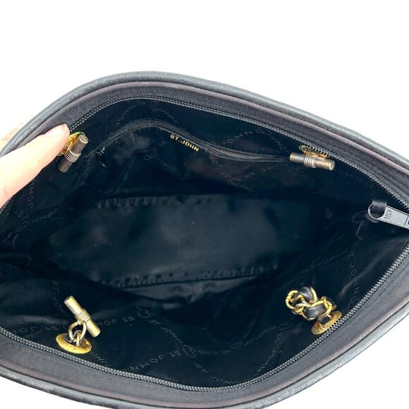 ST. JOHN Vintage Black Gold Tone Quilted Fabric Medium Shoulder Bag Purse - Picture 12 of 14